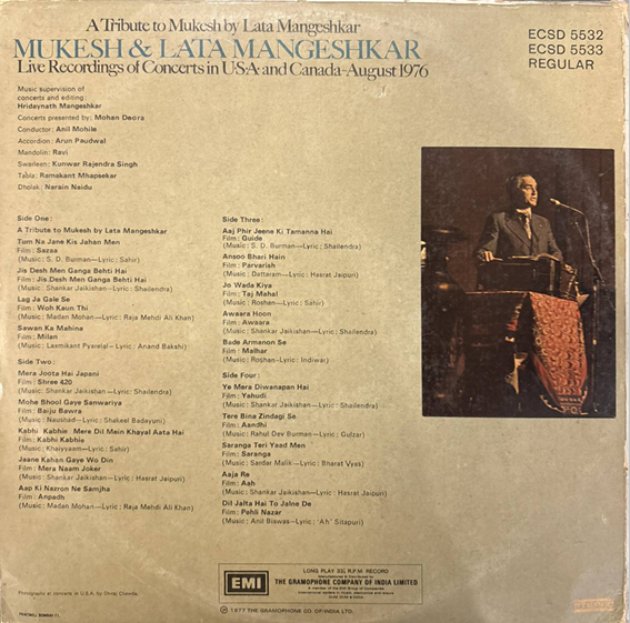 Mukesh & Lata Mangeshkar – A Tribute To Mukesh By Lata Mangeshkar (Live Recordings Of Concerts In U•S•A• And Canada-August 1976) (Used Vinyl - VG) NJ Marketplace-Music History