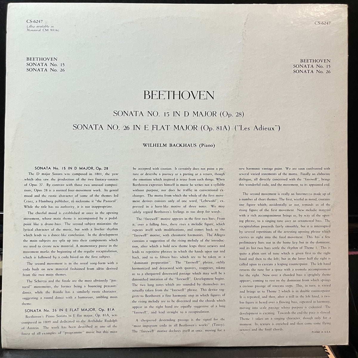 Ludwig van Beethoven, Wilhelm Backhaus - Beethoven: Sonata No. 15 and 26. Wilhelm Backhaus, Piano (VINYL LP LONDON CS 6247 1962) | Near Mint (NM or M-) Near Mint (NM)-Music History