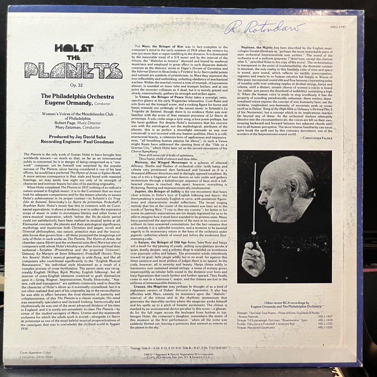 Gustav Holst - Eugene Ormandy, The Philadelphia Or - The Planets (VINYL LP RCA RED SEAL ARLI-1797 1976) | Near Mint (NM or M-) Near Mint (NM)-Music History