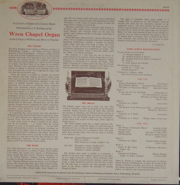 A Concert Of Eighteenth-Century Music Performed By J. S. Darling On The Wren Chapel Organ At The College Of William And Mary In Virginia | Near Mint (NM) Very Good Plus (VG+)-Music History