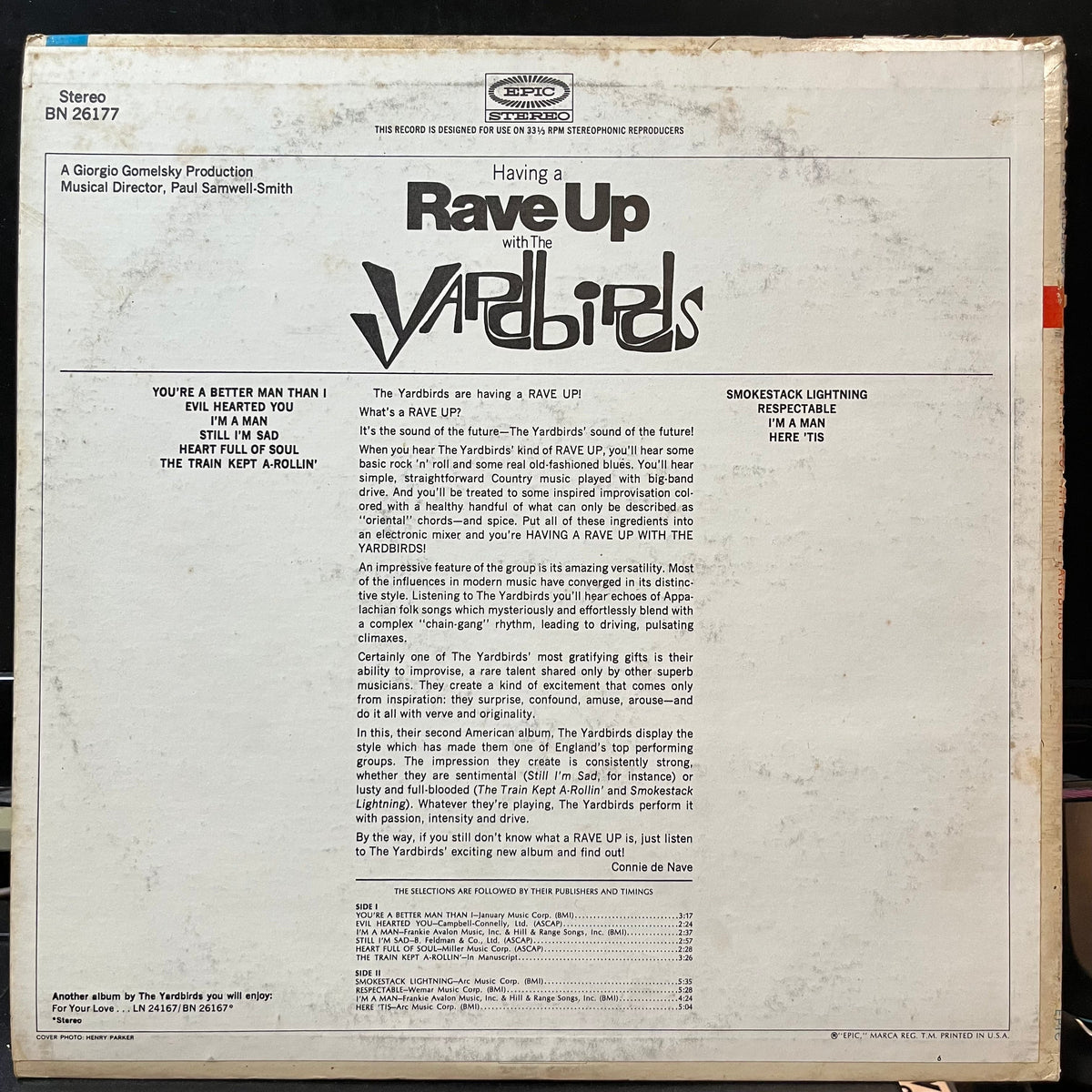The Yardbirds - Having A Rave Up With The Yardbirds (VINYL LP EPIC BN 26177 1965) | Near Mint (NM or M-) Very Good (VG)-Music History