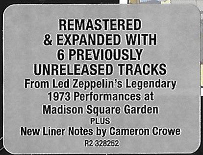 Led Zeppelin - The Soundtrack From The Film "The Song Remains The Same" (2xCD Swan Song – R2 328252) | USED Near Mint (NM or M-) Excellent (EX)-Music History