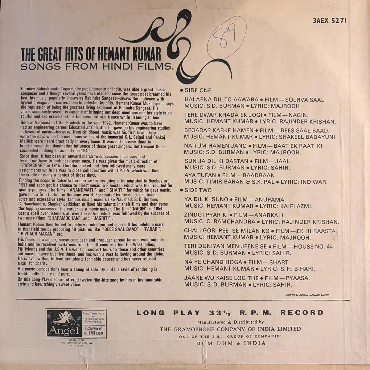 Hemant Kumar – The Great Hits Of Hemant Kumar (Songs From Hindi Films) (Used Vinyl - VG+) JB Marketplace-Music History