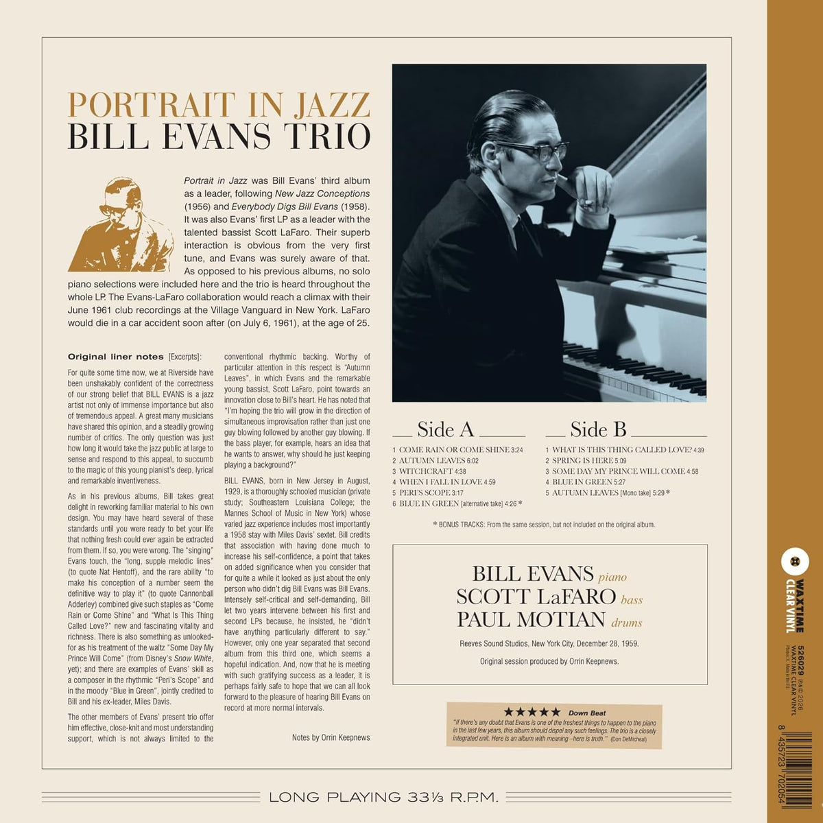 Bill Evans Trio Portrait In Jazz (Limited Edition, 180 Gram Crystal Clear Vinyl with Bonus Tracks) [Import] - Vinyl-Music History