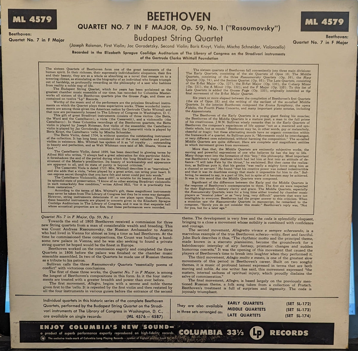 Ludwig van Beethoven - Quartet No. 7 in F Major, Op. 59, No. 1 | Excellent (EX) Near Mint (NM)-Music History
