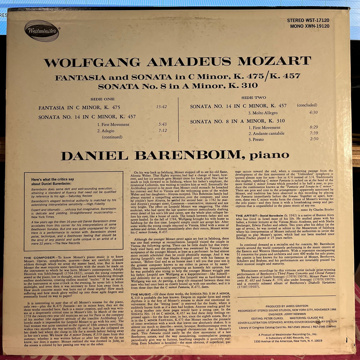 Daniel Barenboim - Fantasia In C Minor, K.475; Sonata In C Minor, K.457 (No.14); Sonata In A Minor, K.310 (No.8) | Excellent (EX) Excellent (EX)-Music History