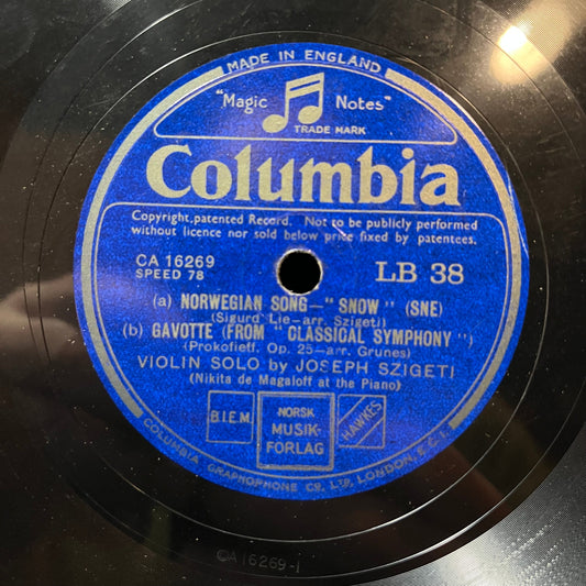 Joseph Szigeti - DANSE RUSSE / NORWEGIAN SONG / GAVOTTE (78RPM 10") COLUMBIA LP 38 UK | Excellent+ (EX+) Generic-Music History