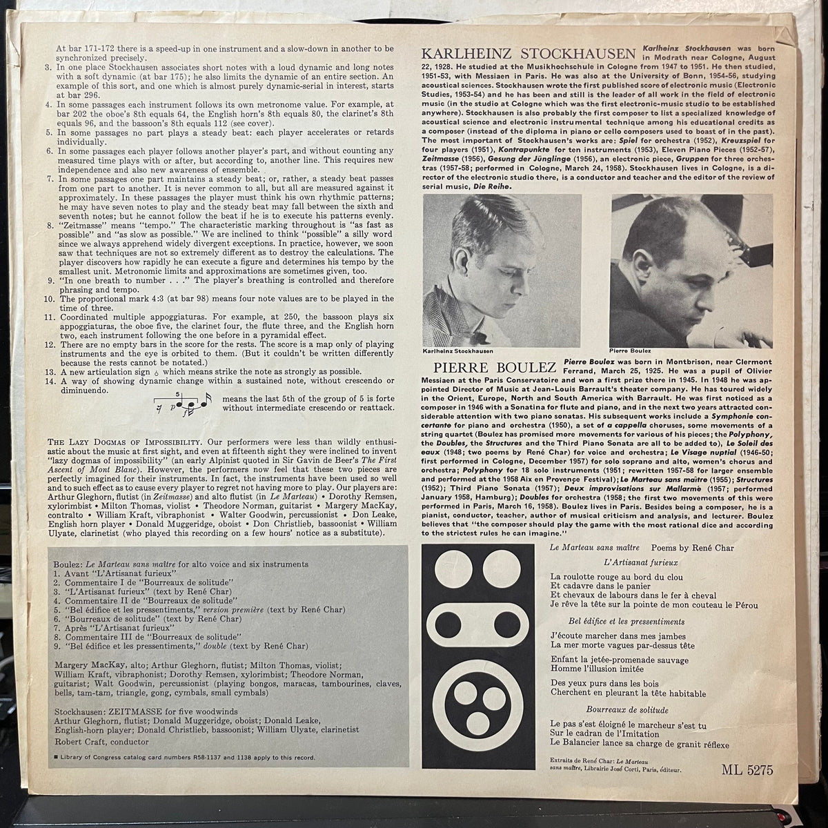 Pierre Boulez / Stockhausen - Robert Craft - Le Marteau Sans Maître / Nr. 5 Zeitmasse For Five Woodwinds (VINYL LP COLUMBIA MASTERWORKS ML 5275 1958) | USED Excellent+ (EX+) Very Good Plus (VG+)-Music History