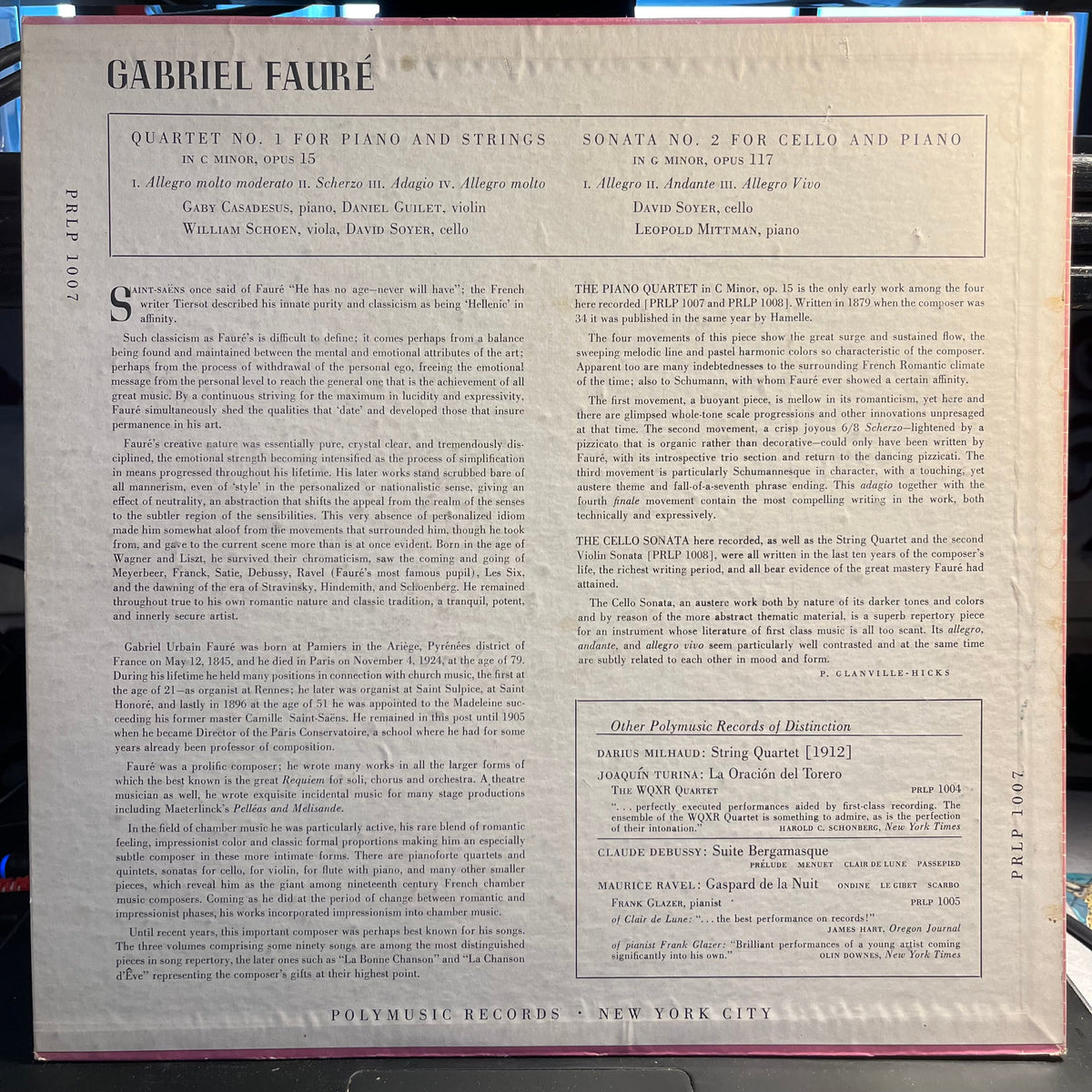 Gabriel Fauré - Quartet No. 1 For Piano And Strings In C Minor, Opus 15 / Sonata No. 2 For Cello And Piano In G Minor, Opus 117 | Excellent (EX) Very Good Plus (VG+)-Music History