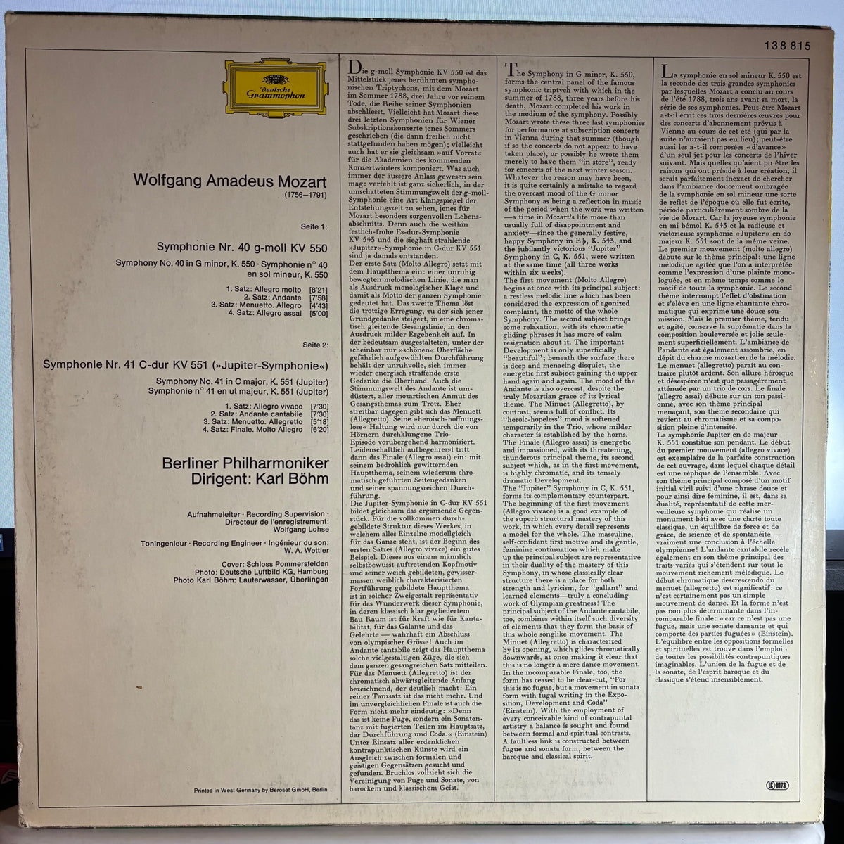 Wolfgang Amadeus Mozart - Symphonien Nr. 40 G-Moll = In G Minor KV 550 / Nr. 41 C-Dur = In C Major KV 551 "Jupiter" (VINYL) | Excellent (EX) Excellent (EX)-Music History