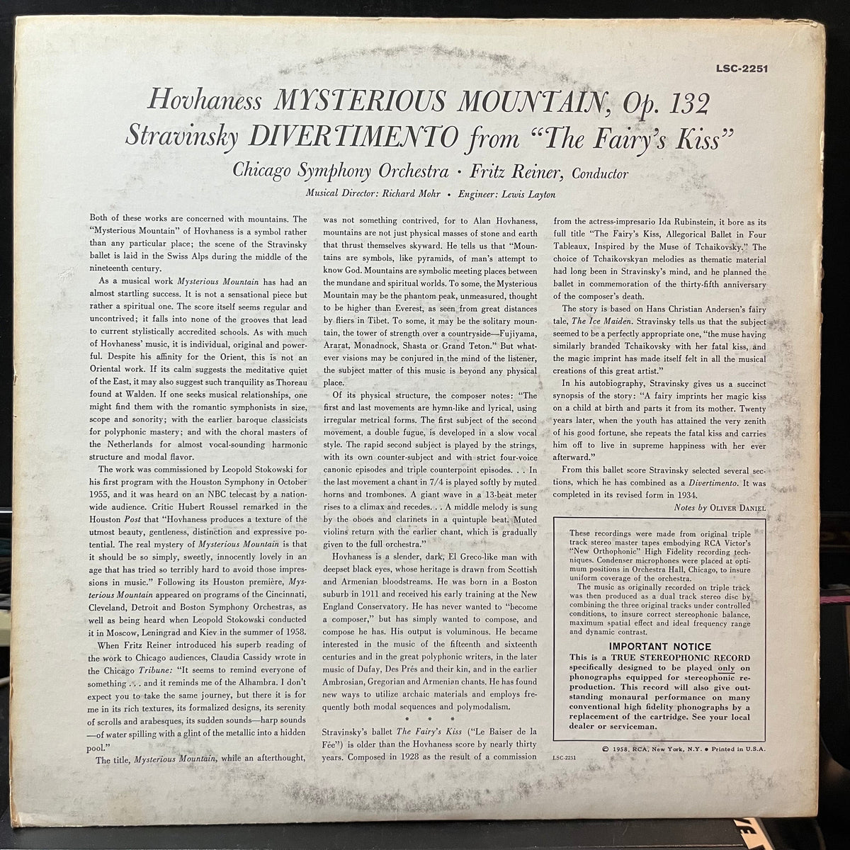Hovhaness* / Stravinsky* - Chicago Symphony Orches - Mysterious Mountain / Divertimento (From The Fairy's Kiss) (VINYL LP RCA RED SEAL LSC 2251) | Near Mint- (NM-) Excellent (EX)-Music History
