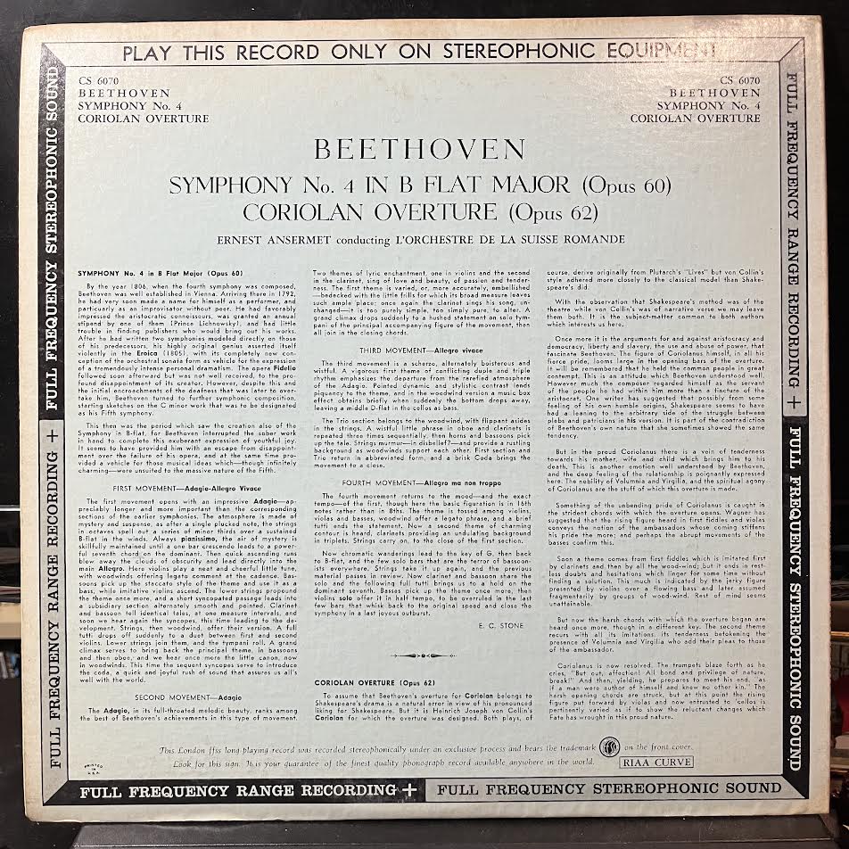 Ludwig van Beethoven - Symphony No. 4 In B Flat Major Opus 60 + Overture "Coriolan" Op. 62 (VINYL) | Near Mint- (NM-) Near Mint- (NM-)-Music History