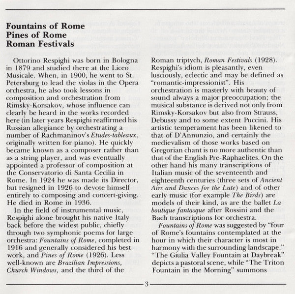 Ottorino Respighi - Pines Of Rome • Fountains Of Rome • Feste Romane (CD) | Near Mint (NM) Near Mint (NM)-Music History
