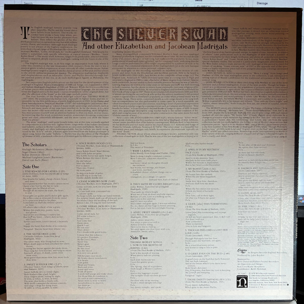 The Scholars (3) - The Silver Swan (And Other Elizabethan And Jacobean Madrigals) (VINYL) | Near Mint (NM or M-)-Music History