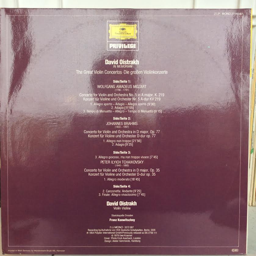 David Oistrach, Wolfgang Amadeus Mozart, Johannes - The Great Violin Concertos. Mozart . Brahms . Tchaikovsky (2xVINYL) | Near Mint (NM or M-)-Music History