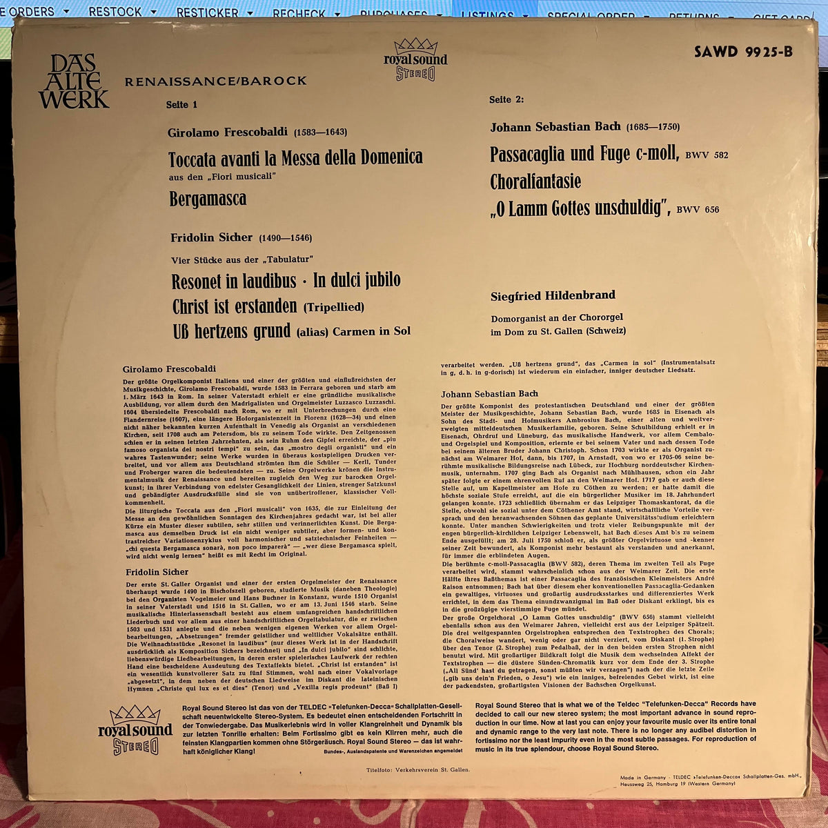 Girolamo Frescobaldi - Die Alte Orgel Im Dom Zu St. Gallen/Schweiz | Near Mint (NM) Near Mint (NM)-Music History