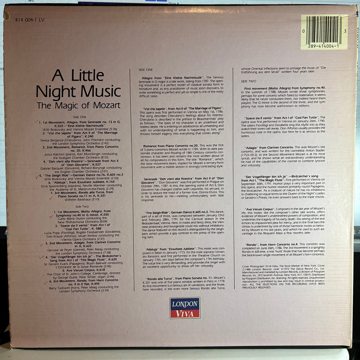 Vienna Mozart Academy - A Little Night Music, The Magic Of Mozart (VINYL) | Near Mint (NM or M-) Very Good Plus (VG+)-Music History