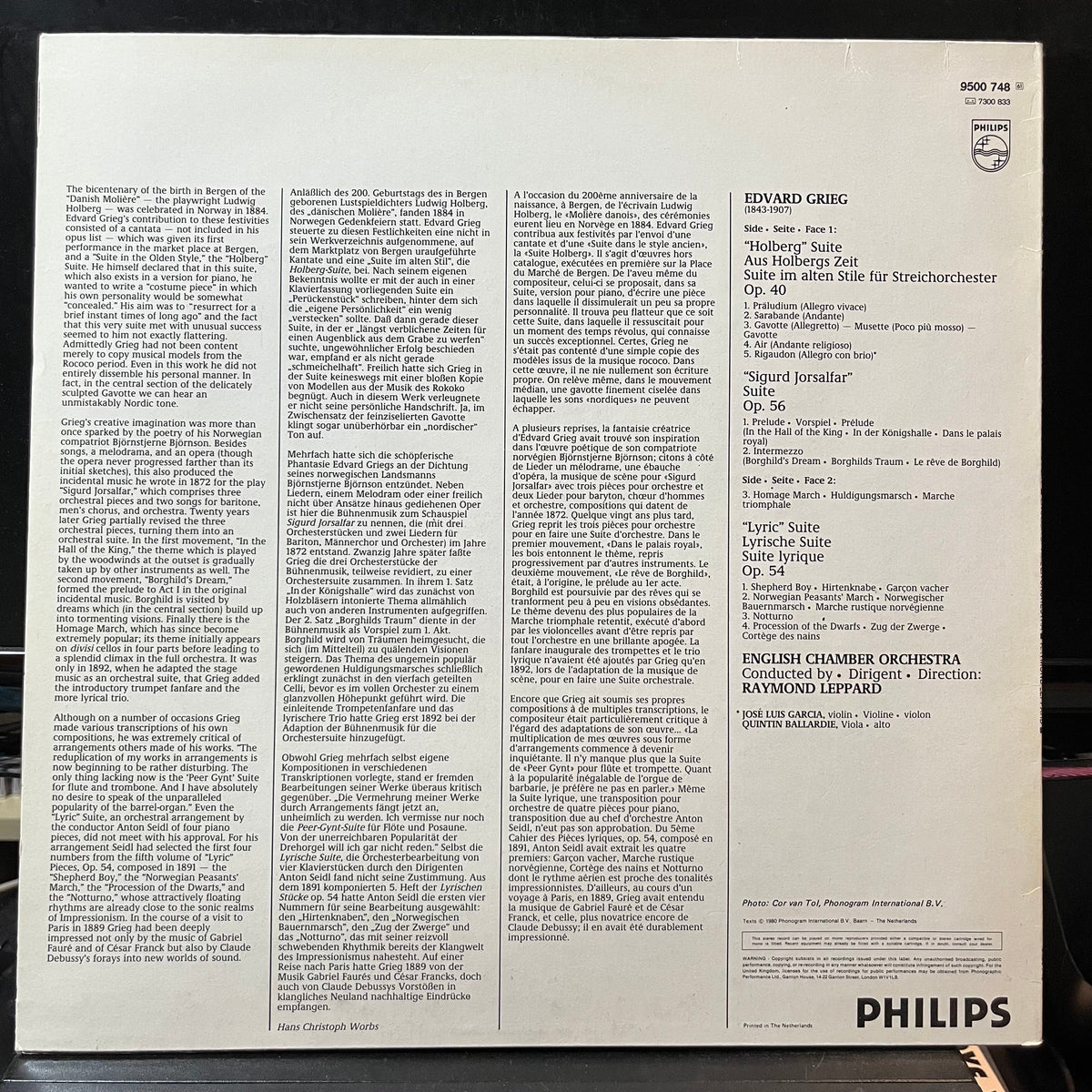Grieg*, English Chamber Orchestra, Raymond Leppard - Holberg Suite / Sigurd Jorsalfar & Lyric Suites (VINYL LP PHILIPS 9500 748 1980) | Near Mint (NM or M-) Near Mint (NM)-Music History