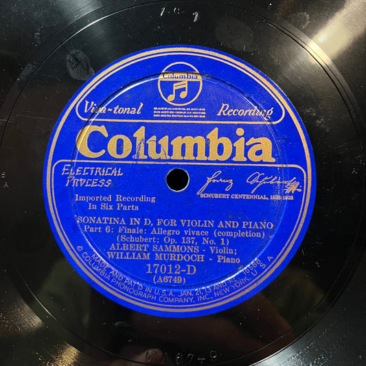 WILLIAM MURDOCH / ALBERT SAMMONS - SONATA IN D / SCHUBERT OP 137 (78RPM 10") 17012-D COLUMBIA | Near Mint (NM or M-) Generic-Music History
