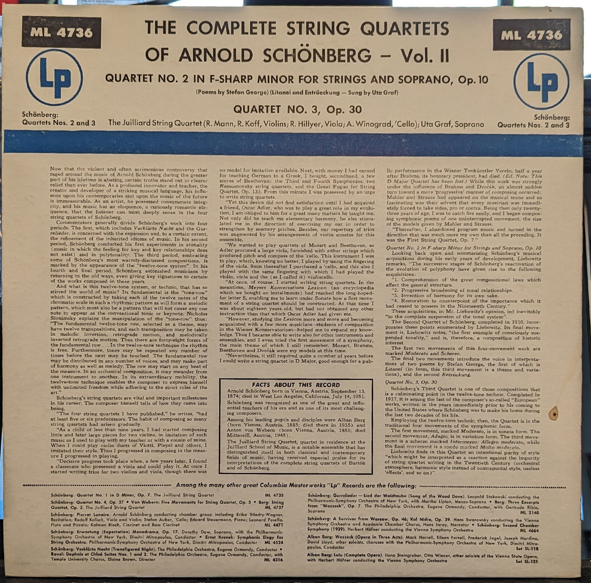 Arnold Schoenberg - Quartet No. 2 In F-Sharp Minor For Strings And Soprano, Op. 10 / Quartet No. 3, Op. 30 | Near Mint (NM) Near Mint (NM)-Music History