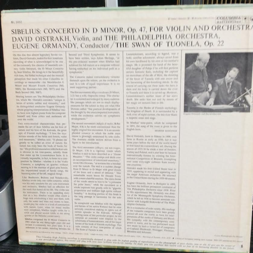 David Oistrach, The Philadelphia Orchestra, Eugene - Violin Concerto In D Minor, Op. 47 For Violin And Orchestra- Swan Of Tuonela (VINYL) | Near Mint (NM or M-)-Music History