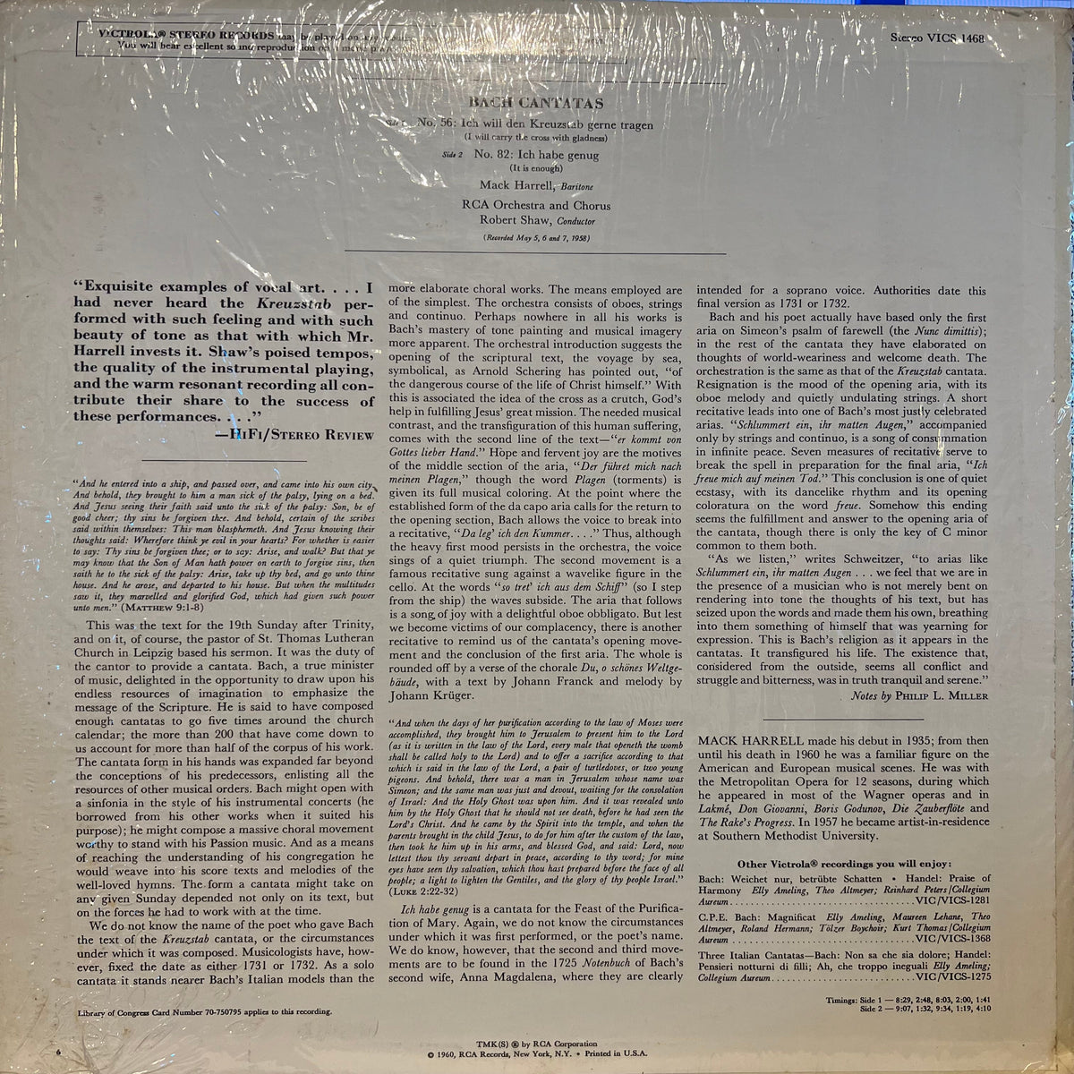 Johann Sebastian Bach - Cantatas No. 56: Ich Will Den Kreuzstab Gerne Tragen / No. 82: Ich Habe Genug | Near Mint (NM) Near Mint (NM)-Music History