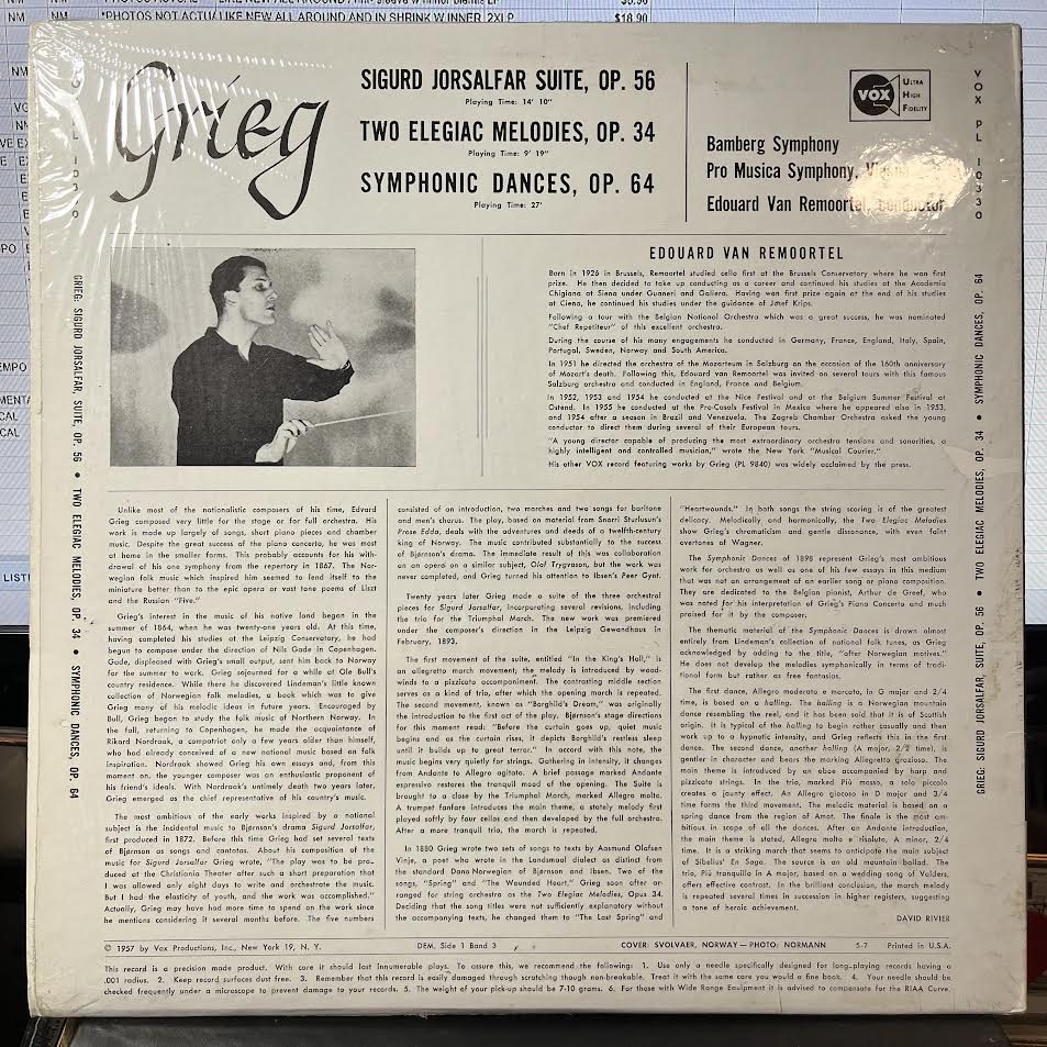 Edvard Grieg - Sigurd Jorsalfar Suite, Op. 56 | Two Elegiac Meolodies, Op. 34 | Symphonic Dances, Op. 64 (VINYL) | Near Mint (NM) Near Mint (NM)-Music History
