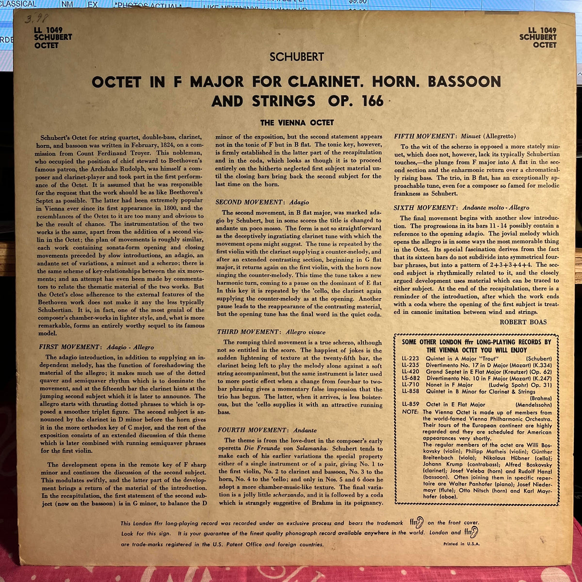 Franz Schubert - Octet In F Major Opus 166 For Clarinet, Horn, Bassoon And Strings | Near Mint (NM) Excellent (EX)-Music History