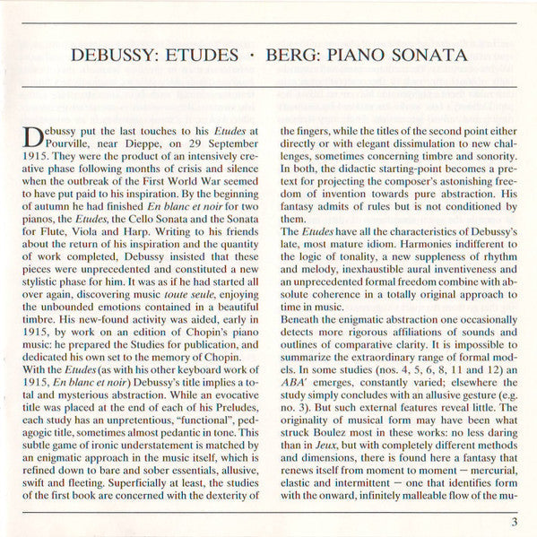 Claude Debussy - Debussy: 12 Etudes / Berg: Sonate Op. 1 (CD) | Near Mint (NM)-Music History