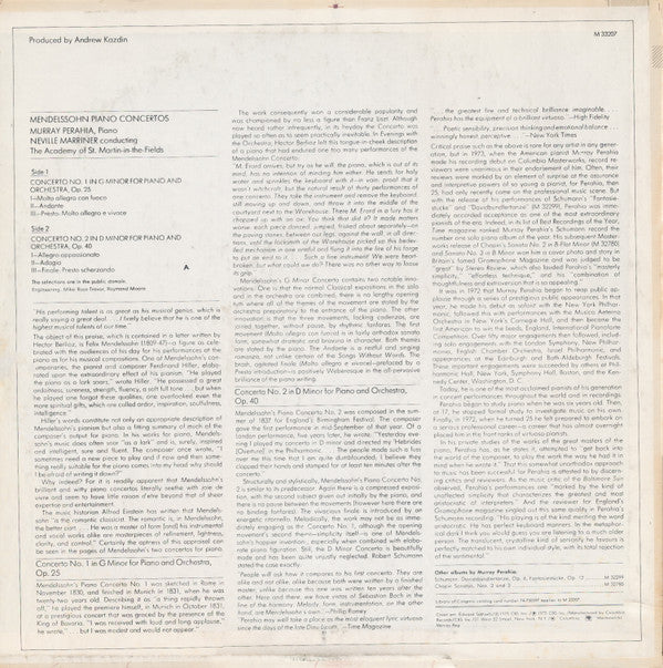 Murray Perahia - Piano Concertos (No. 1 In G Minor, Op. 25 / No. 2 In D Minor, Op. 40) | Near Mint (NM) Excellent (EX)-Music History