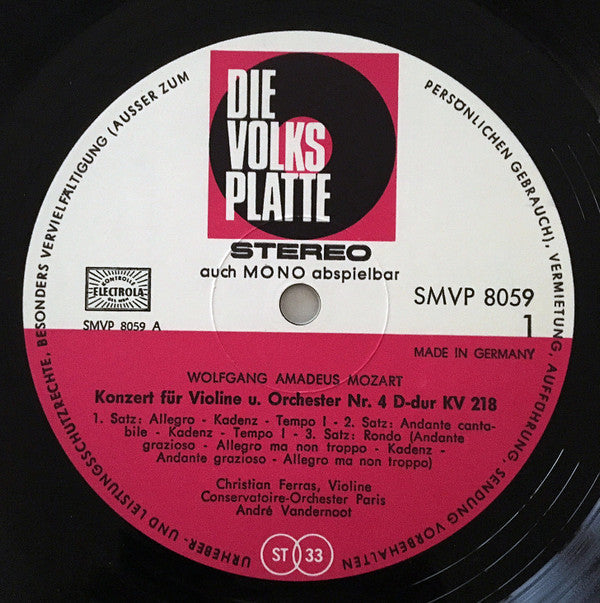 Wolfgang Amadeus Mozart - Violinkonzerte Nr. 4 D-Dur KV 218 Und Nr.5 A-Dur KV 219 *GERMANY* | Near Mint (NM) Excellent (EX)-Music History