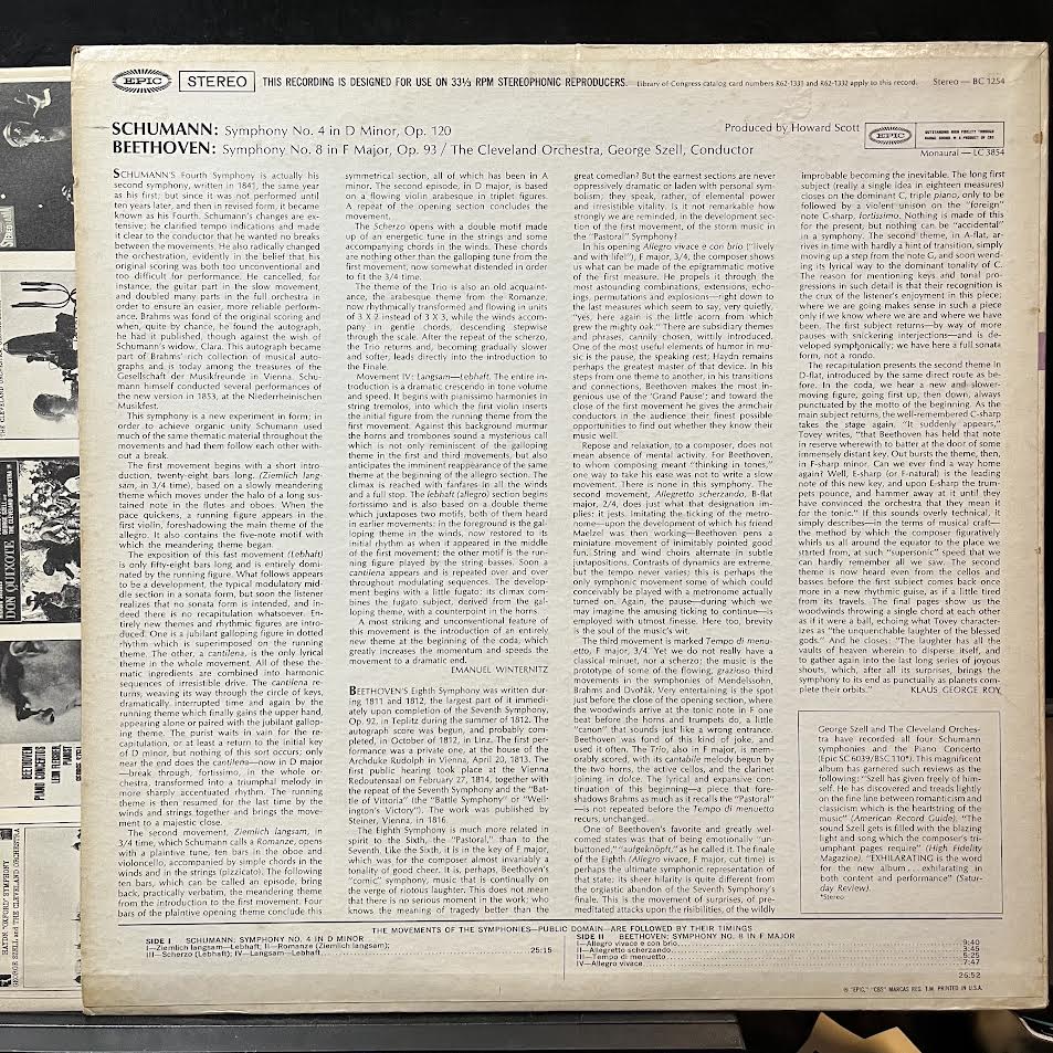 George Szell - Symphony No.4 In D Minor, Op.120 / Symphony No.8 In F Major, Op.93 (VINYL) | Near Mint (NM) Excellent+ (EX+)-Music History