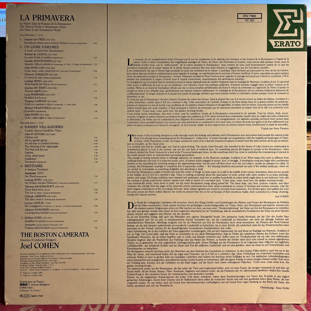 Boston Camerata - La Primavera (La Nature Dans La Musique De La Renaissance) | Near Mint (NM) Near Mint (NM)-Music History