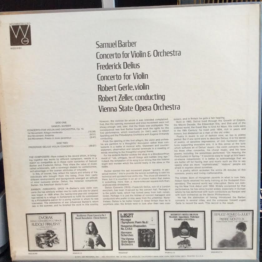 Samuel Barber / Frederick Delius : Robert Gerle, R - Concerto For Violin And Orchestra / Concerto For Violin (VINYL) | Near Mint (NM or M-) Very Good Plus (VG+)-Music History
