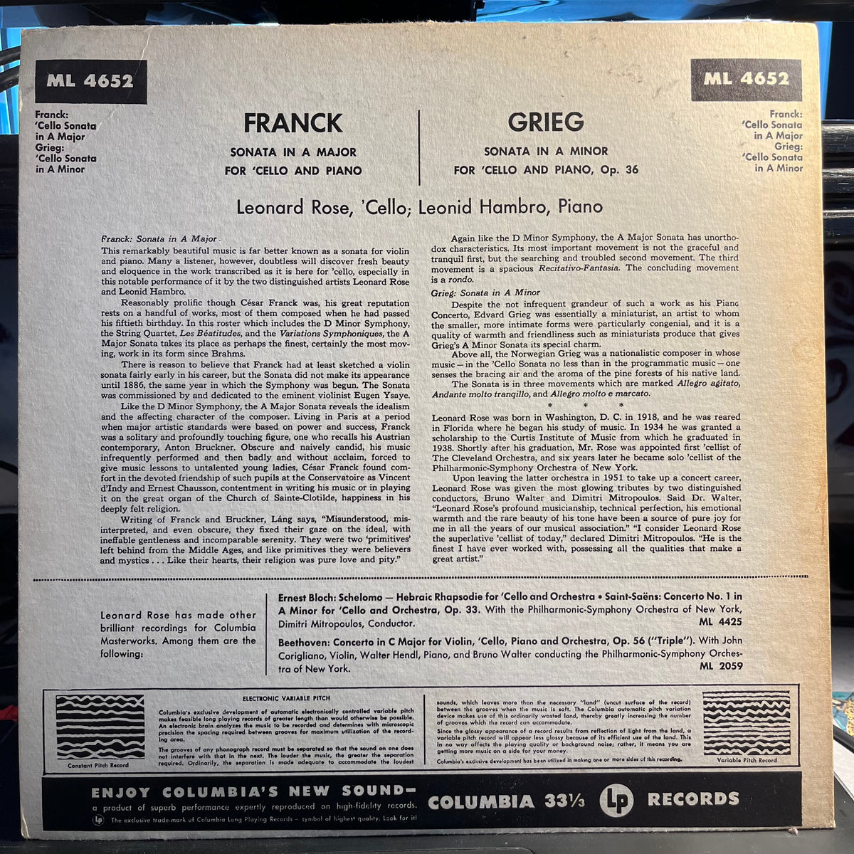 Leonard Rose - Franck: Sonata In A Major / Grieg: Sonata In A Minor | Near Mint (NM) Excellent (EX)-Music History