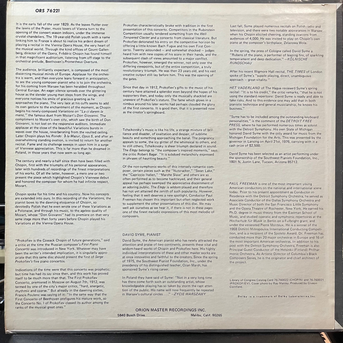New Philharmonia Orchestra - Variations On “La Ci Darem la Mano” / Concerto No. 1 / Elegy (VINYL LP ORION ORS 76221 1976) | Near Mint (NM or M-) Excellent (EX)-Music History