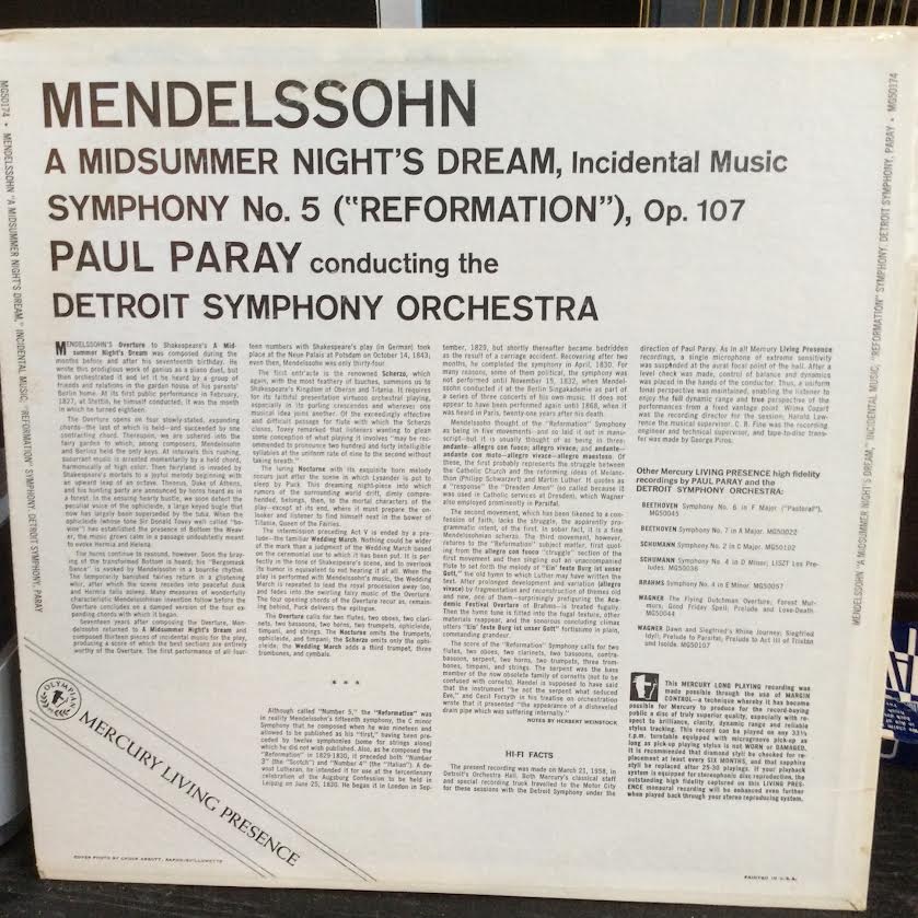 Felix Mendelssohn-Bartholdy : Paul Paray, Detroit - A Midsummer Night's Dream, Incidental Music; Symphony No. 5 "Reformation" (VINYL) | Near Mint (NM or M-)-Music History
