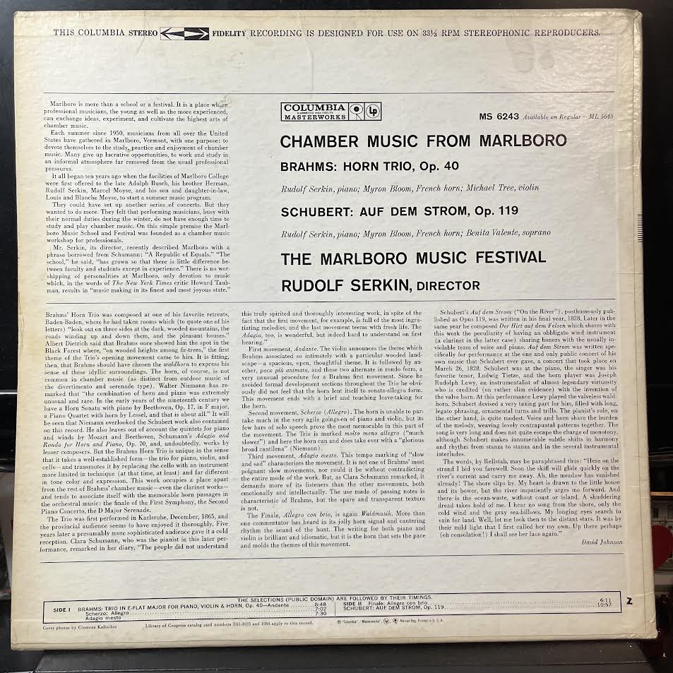 Johannes Brahms - Chamber Music From Marlboro: Horn Trio, Op. 40 / Auf Dem Strom, Op. 119 (VINYL) | Near Mint (NM or M-) Excellent+ (EX+)-Music History