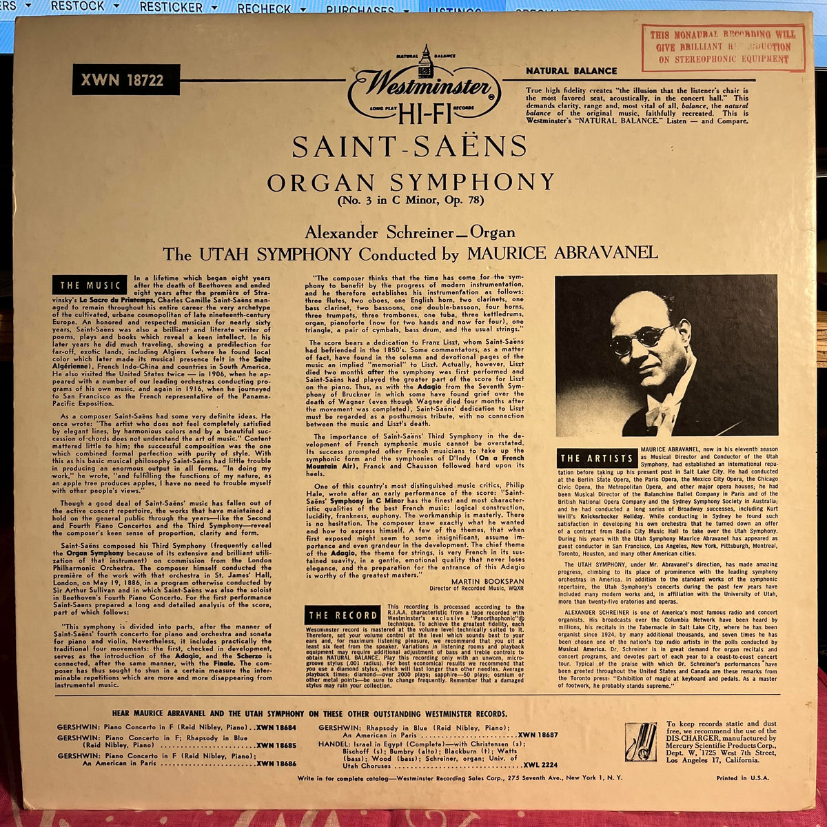 Camille Saint-Saëns - Organ Symphony No.3, C Minor, Op.78 | Near Mint (NM) Near Mint (NM)-Music History