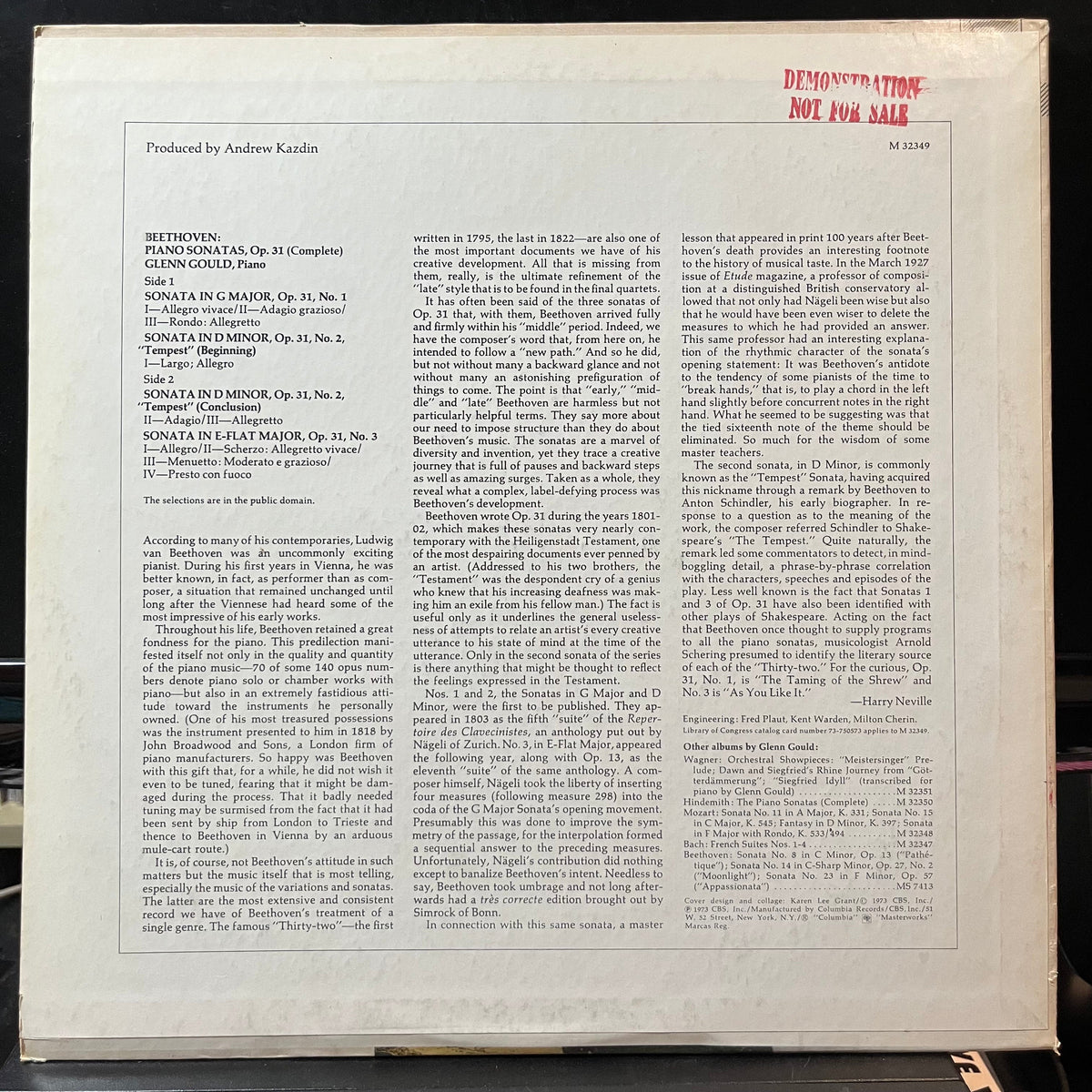 Beethoven* / Glenn Gould - Piano Sonatas, Op. 31, Complete: No. 1 In G / No. 2 In D Minor, "Tempest" / No. 3 In E-Flat (PROMO VINYL LP COLUMBIA MASTERWORKS M 32349 1973) | USED Near Mint (NM or M-) Near Mint- (NM-)-Music History