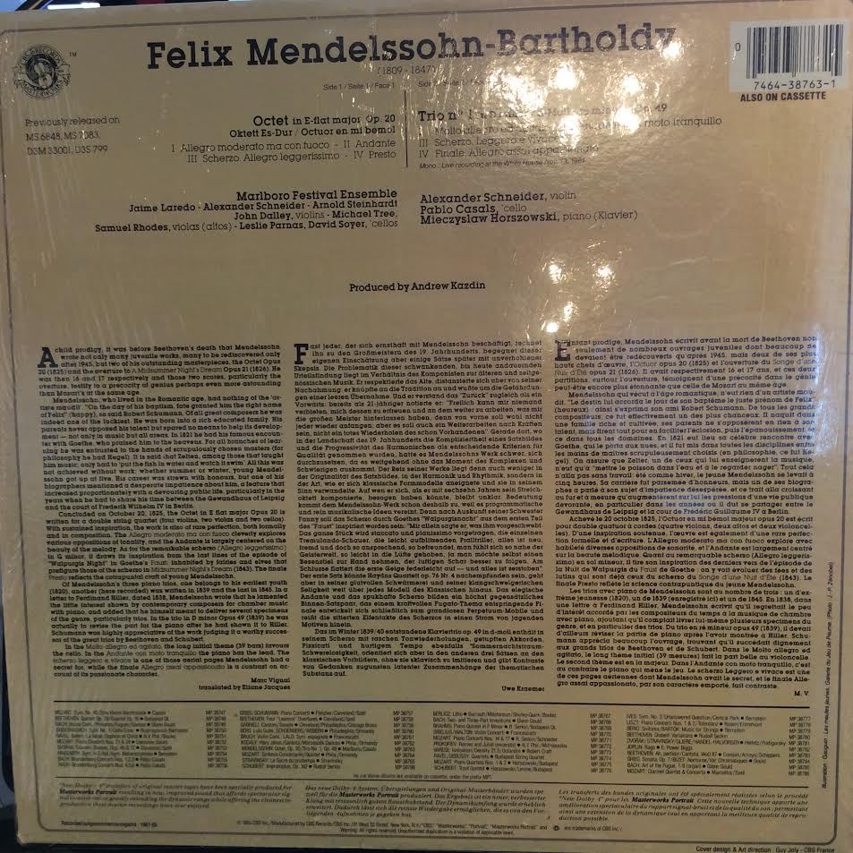 Felix Mendelssohn-Bartholdy - Mendelssohn Octet In E-flat Major, Op. 20 / Trio No. 1 In D Minor (VINYL) | Near Mint (NM) Near Mint (NM)-Music History