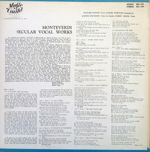 Claudio Monteverdi, Hugues Cuénod, Daniel Pinkham, - Secular Vocal Works | Very Good Plus (VG+) Near Mint (NM)-Music History