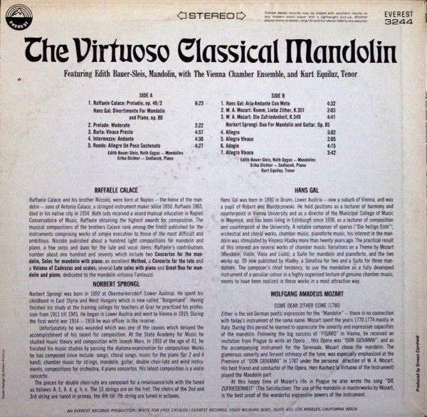 Edith Bauer-Slais With The Vienna Chamber Ensemble - The Virtuoso Classical Mandolin | Very Good Plus (VG+) Very Good Plus (VG+)-Music History