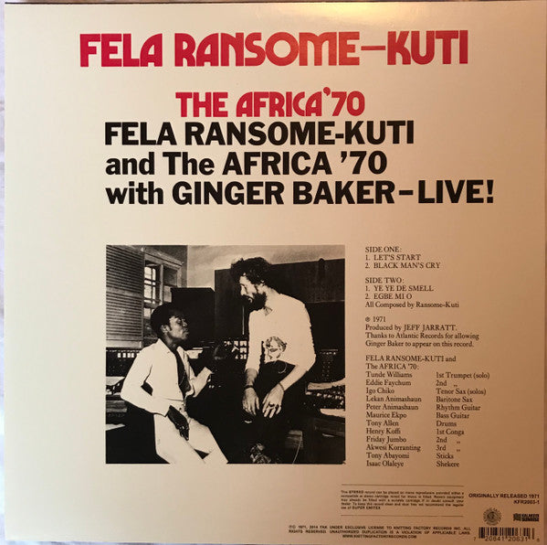 Fela Kuti And Africa 70 With Ginger Baker Live! Knitting Factory Records, Odeon LP, Album, RE Mint (M) Mint (M)-Music History