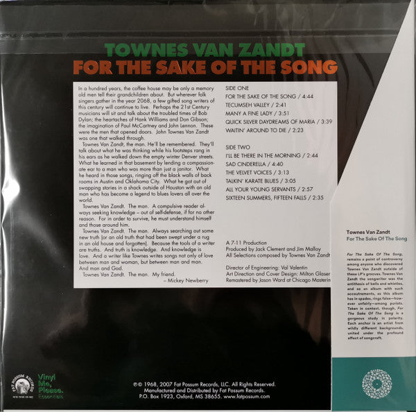 Townes Van Zandt - For The Sake Of The Song (VMP VINYL) | Mint (M) Mint (M)-Music History