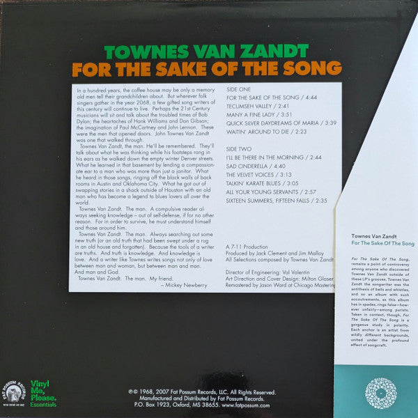Townes Van Zandt - For The Sake Of The Song (VMP VINYL) | Mint (M) Mint (M)-Music History