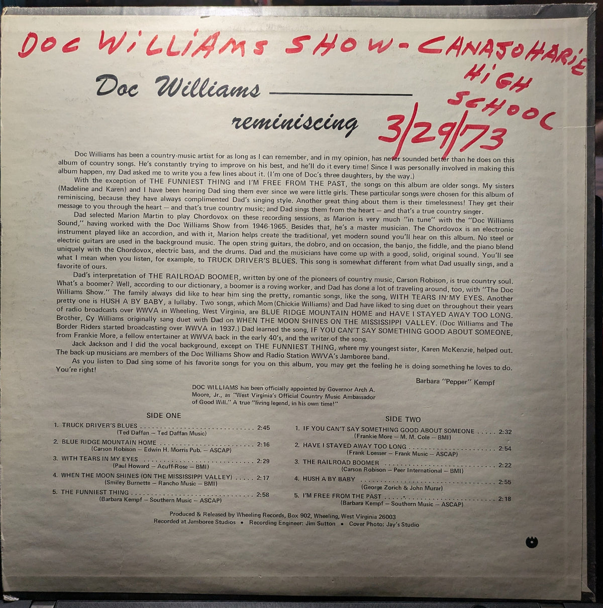 Doc Williams - Reminiscing (VINYL) | Very Good (VG) Very Good Plus (VG+)-Music History