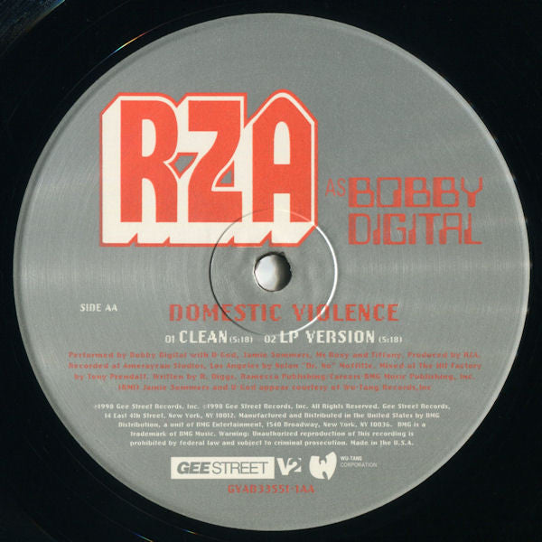 RZA as Bobby Digital - N.Y.C. Everything / Domestic Violence (VINYL 12" GEE STREET GVAB 33551-1 1999) | USED Near Mint (NM or M-) Excellent+ (EX+)-Music History