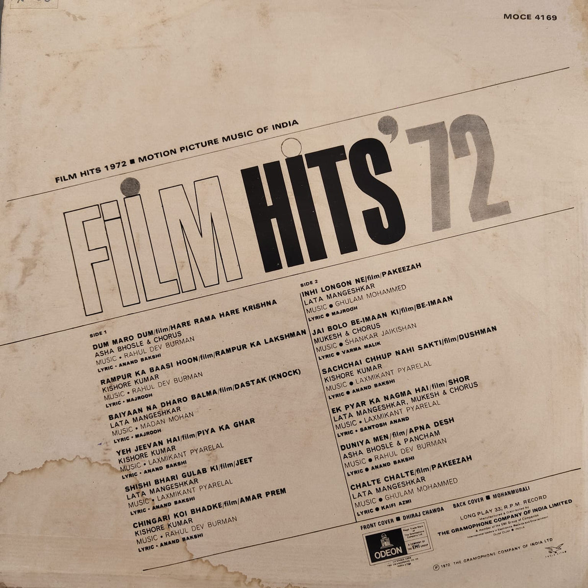 Various - Film Hits' 72 - Motion Picture Music Of India (Used Vinyl - G) (Double Ring Odeon)(First Pressing) NJ Marketplace-Music History