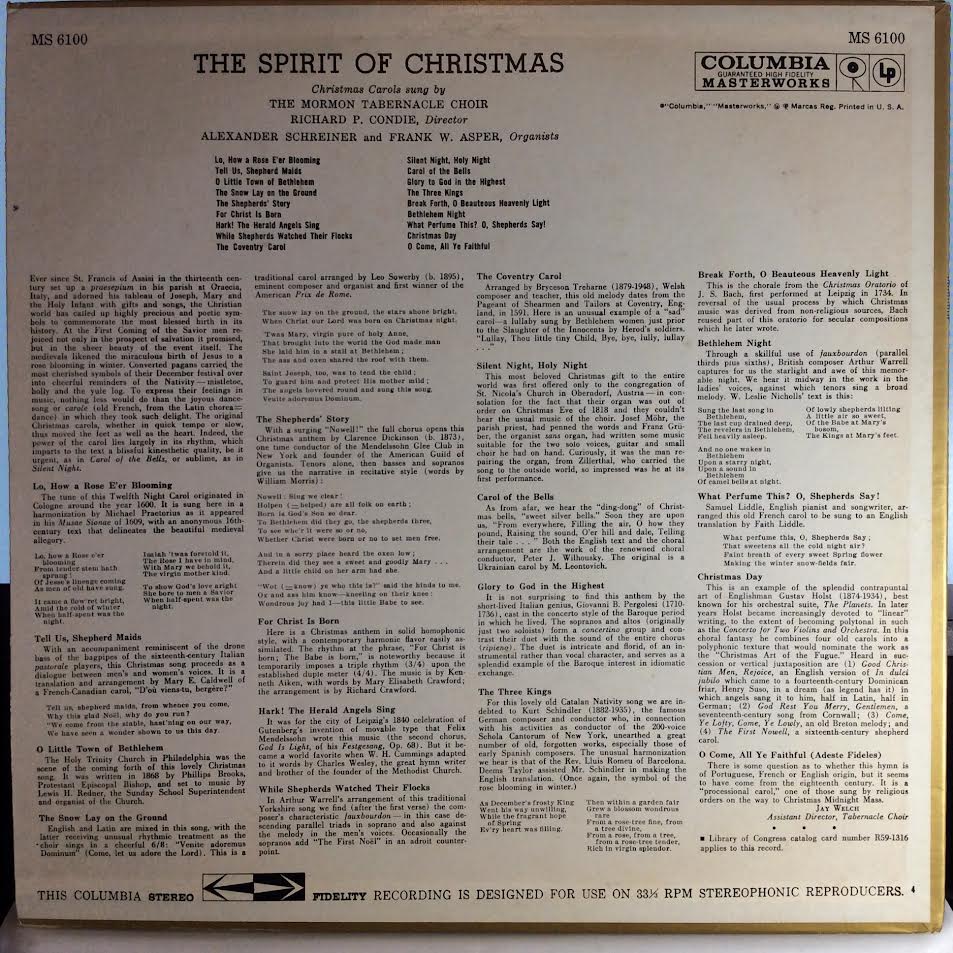 Mormon Tabernacle Choir - The Spirit Of Christmas: Christmas Carols Sung By The Mormon Tabernacle Choir (VINYL) | Near Mint (NM) Near Mint (NM)-Music History